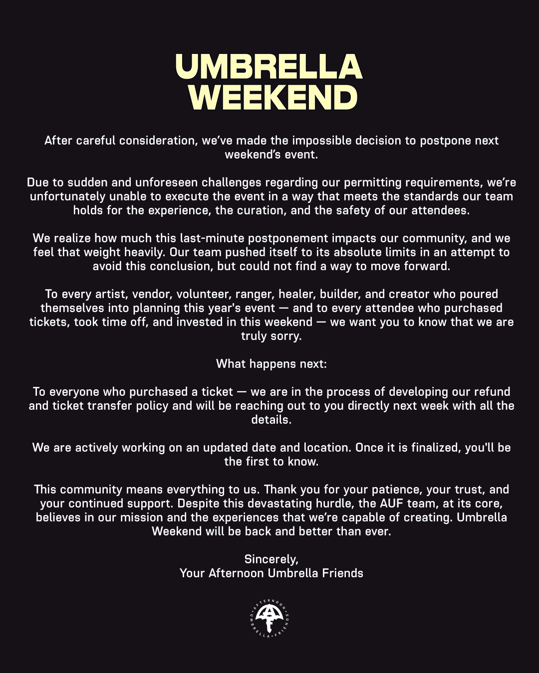 Umbrella Weekend Postponement Announcement